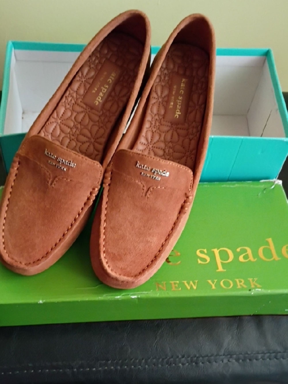 kate spade Suede Penny Loafers in Cognac Brown